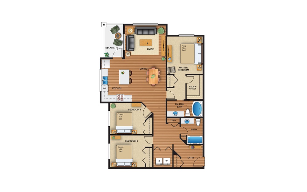 3x2 Flat - 3 bedroom floorplan layout with 2 baths and 1297 square feet.