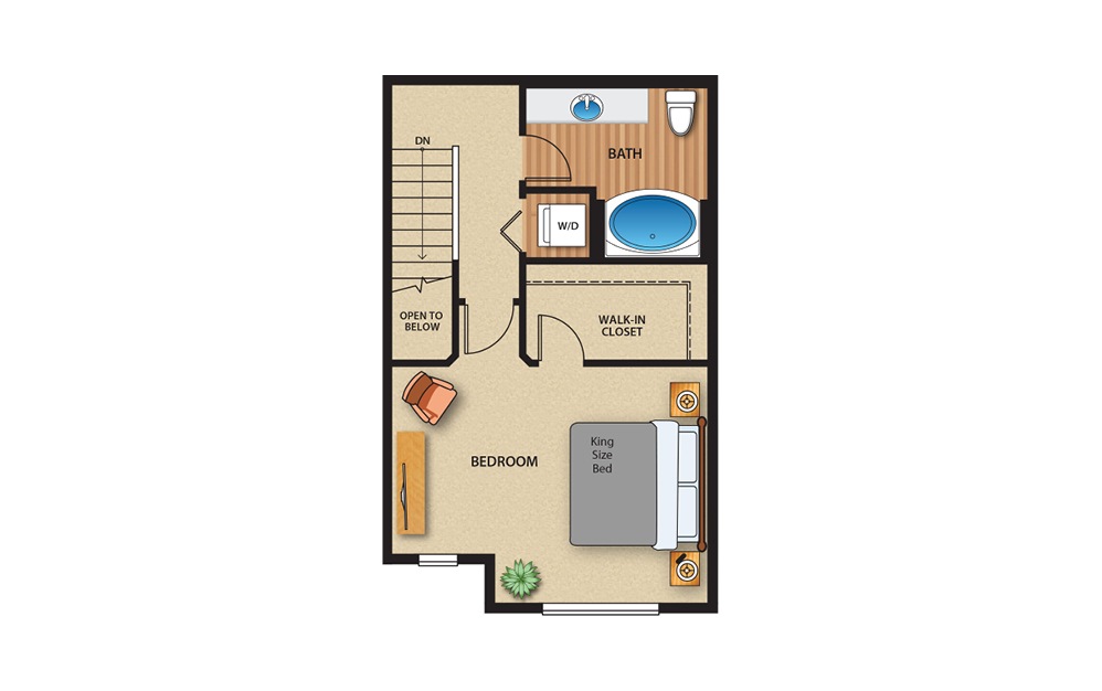 1x1 Townhome - 1 bedroom floorplan layout with 1 bath and 843 to 865 square feet. (Floor 2)